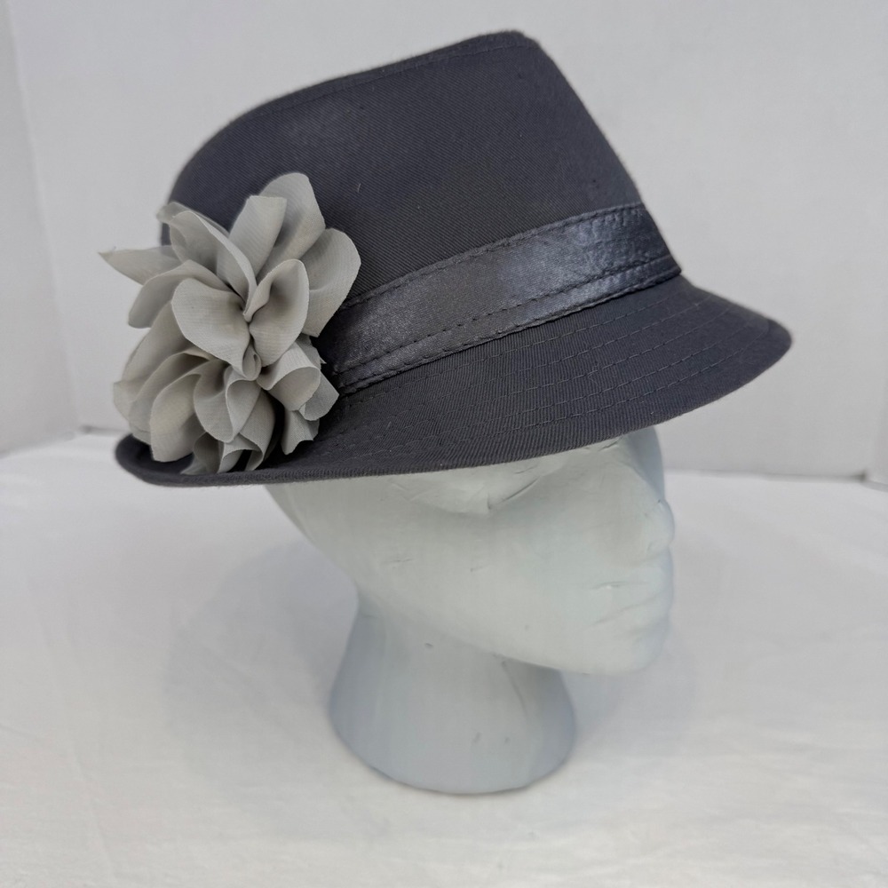 Charcoal Gray Fedora‎ Hat with Flower Accent Satin Band One Size